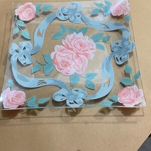 Floral Glass Tray with Pink Roses and Blue Ribbons